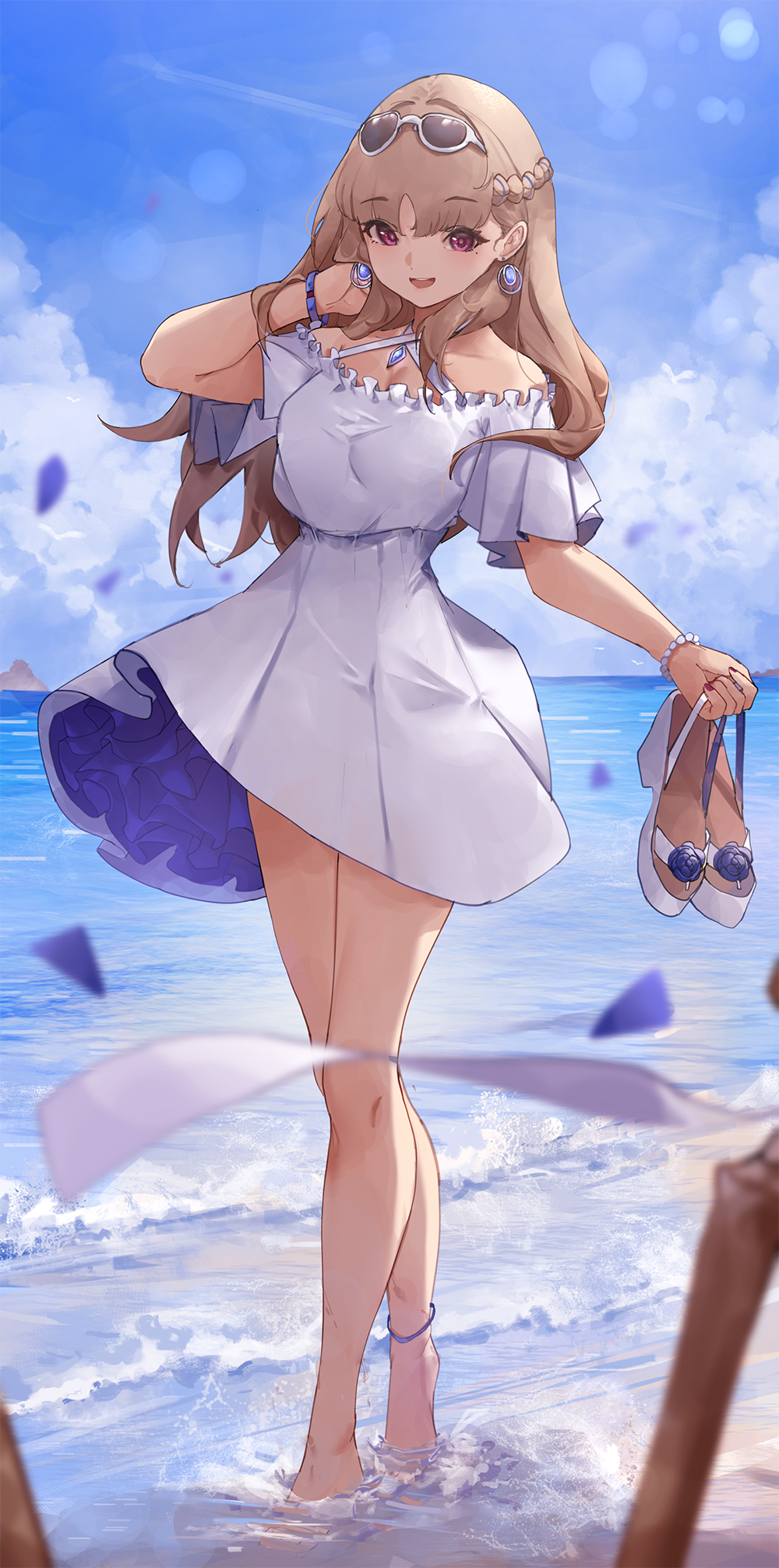1girl, anklet, bangs, barefoot, beach, blue_flower, blue_ribbon, blue_rose