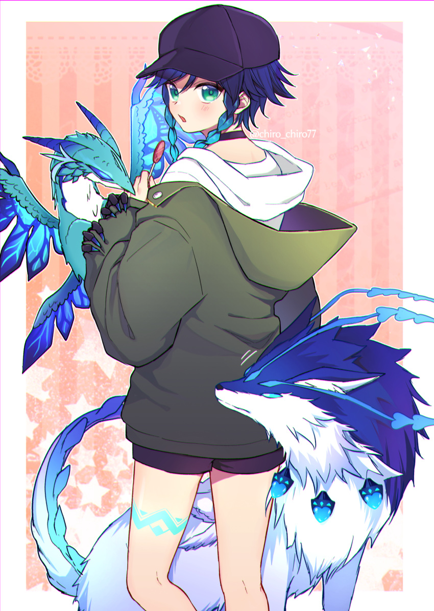 1boy, andrius_(genshin_impact), androgynous, bangs, baseball_cap, black_hair, blue_hair, blush