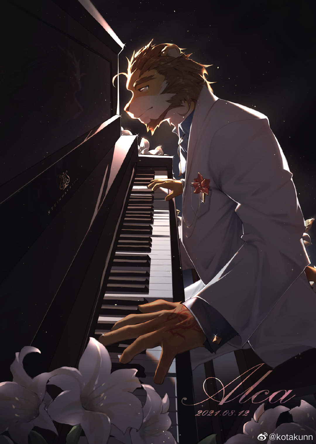 1boy, alca, alternate_costume, alternate_hair_color, animal_ears, beard, brown_hair, command_spell, commission, facial_hair, flower, foreshortening, forked_eyebrows, formal, from_side, furry, furry_male, highres, instrument, kotakun, lily_(flower), lion_boy, lion_ears, looking_at_viewer, male_focus, music, original, piano, playing_instrument, playing_piano, red_eyes, short_hair, smile, solo, suit, thick_eyebrows, white_flower, white_suit
