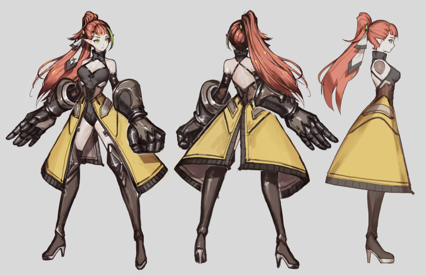 1girl, black_footwear, black_leotard, boots, breasts, character_sheet, clenched_hand, english_commentary, green_eyes, green_hair, hair_behind_ear, high_heel_boots, high_heels, highres, leotard, long_hair, looking_ahead, mahou_arms, medium_breasts, metal_boots, mode, multicolored_hair, multiple_views, open_hand, pointy_ears, softmode, streaked_hair, susan_(mahou_arms), thigh-highs, thigh_boots