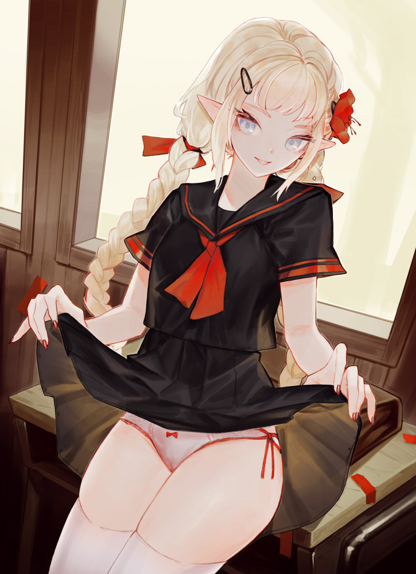 1girl, amelia_(mahou_arms), bangs, black_serafuku, black_skirt, blue_eyes, bow, braid, clothes_lift, desk, flower, hair_behind_ear, hair_flower, hair_ornament, hairclip, highres, long_hair, mahou_arms, panties, parted_lips, pointy_ears, red_bow, red_flower, school_uniform, serafuku, sitting, skindentation, skirt, skirt_lift, smile, softmode, solo, thigh-highs, twin_braids, underwear, very_long_hair, white_legwear, white_panties