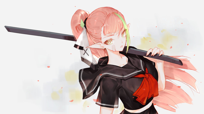 1girl, bandaid, bandaid_on_cheek, black_serafuku, black_skirt, breasts, brown_eyes, collarbone