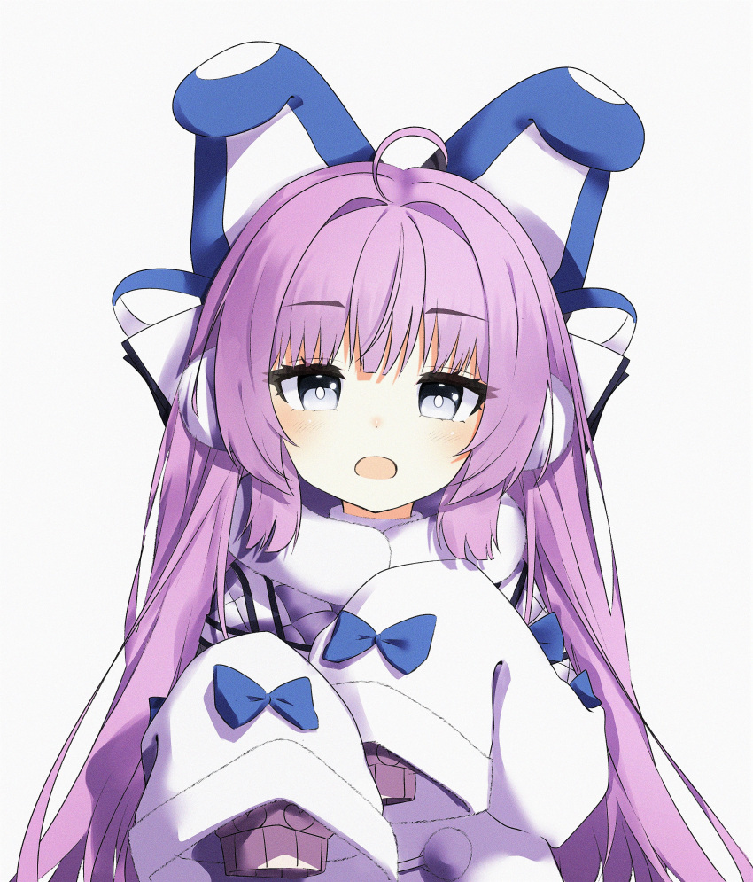 1girl, absurdres, ahoge, animal_ears, azur_lane, bangs, coat, earmuffs, eyebrows_visible_through_hair, fake_animal_ears, fur-trimmed_coat, fur-trimmed_sleeves, fur_trim, grey_eyes, hair_intakes, highres, long_hair, looking_at_viewer, open_mouth, poppypilf, purple_hair, simple_background, sleeves_past_fingers, sleeves_past_wrists, solo, sweater, tashkent_(azur_lane), upper_body, white_background, white_coat, winter_clothes
