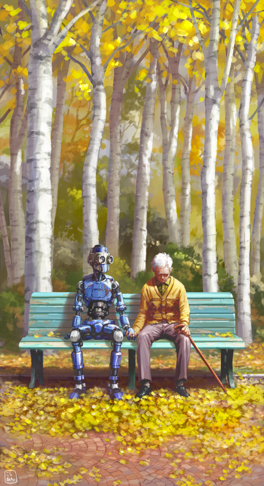1boy, absurdres, autumn_leaves, bench, brick_road, bush, cane, closed_eyes