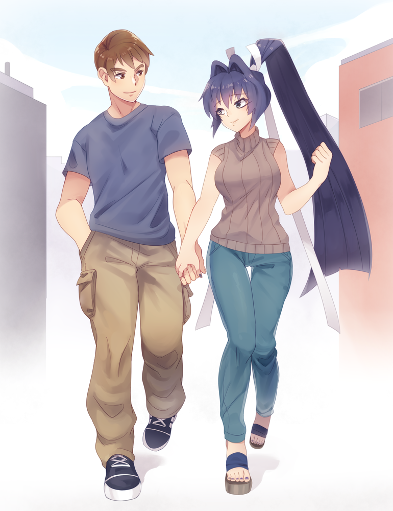 1boy, 1girl, barefoot_sandals, blue_eyes, blue_hair, blue_shirt, breasts, brown_eyes