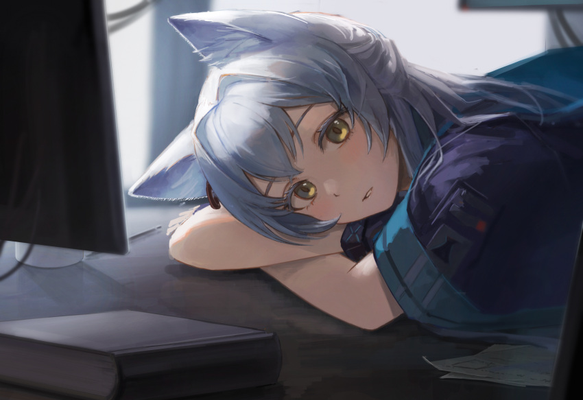 1girl, arknights, black_gloves, black_jacket, blurry, blurry_background, book, brown_eyes