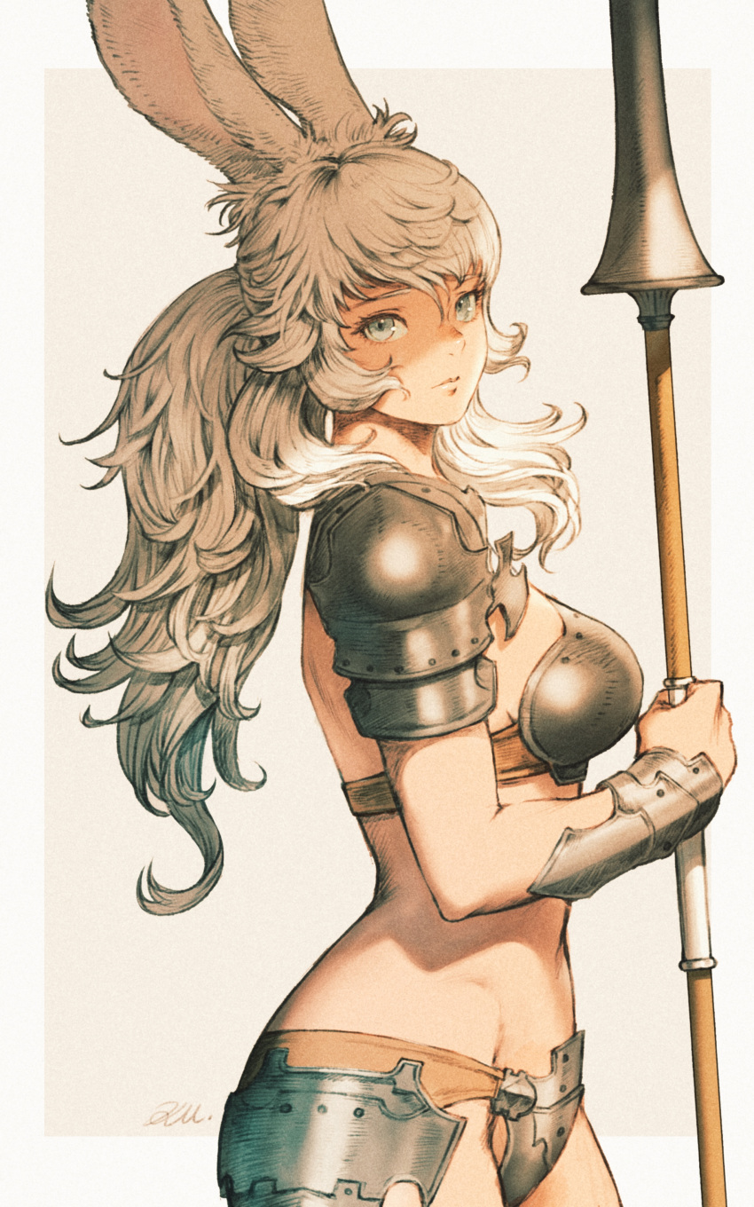 1girl, absurdres, animal_ears, armor, avatar_(ffxiv), bangs, beige_background, bikini_armor, breastplate, breasts, closed_mouth, crotch_plate, faulds, final_fantasy, final_fantasy_xiv, from_side, grey_eyes, groin, highres, holding, holding_weapon, kuroimori, long_hair, looking_at_viewer, medium_breasts, outside_border, pauldrons, polearm, ponytail, rabbit_ears, shade, shoulder_armor, signature, simple_background, solo, spear, tied_hair, vambraces, viera, weapon, white_hair
