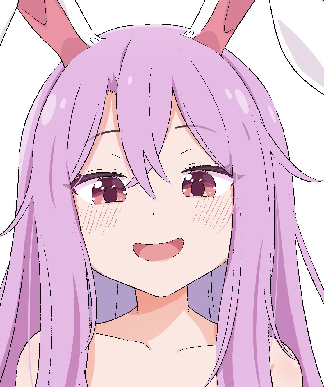 1girl, :d, animal_ears, bare_shoulders, blush, commentary, eyebrows_visible_through_hair, face, hair_between_eyes, haruki_reimari, highres, long_hair, portrait, purple_hair, rabbit_ears, reisen_udongein_inaba, simple_background, smile, solo, touhou, violet_eyes, white_background