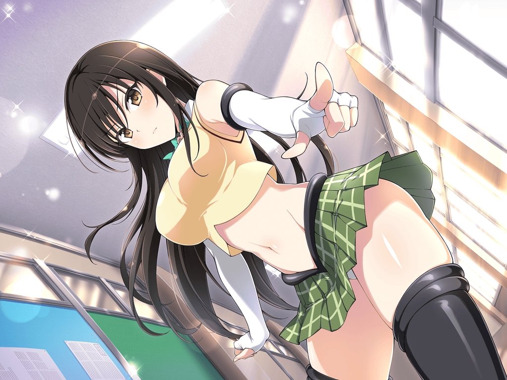 1girl, bangs, black_legwear, blue_bow, blue_neckwear, bow, breasts, brown_eyes, brown_hair, closed_mouth, collared_shirt, crossover, detached_sleeves, dress_shirt, dutch_angle, eyebrows_visible_through_hair, green_skirt, indoors, kotegawa_yui, light_blush, long_hair, looking_at_viewer, medium_breasts, midriff, navel, official_art, panties, pantyshot, pleated_skirt, pointing, pointing_at_viewer, sainan_high_school_uniform, school_uniform, senran_kagura, senran_kagura_new_link, shirt, short_sleeves, skirt, solo, thigh-highs, to_love-ru, underwear, v-shaped_eyebrows, white_panties, white_shirt, yaegashi_nan