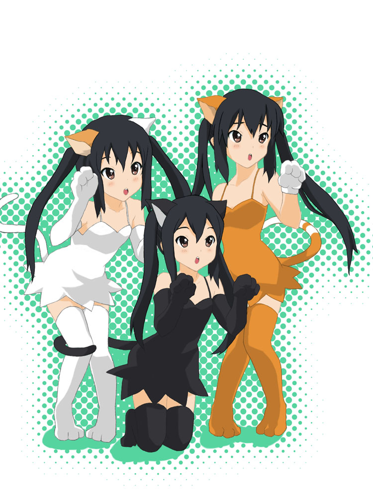 animal_ears, aoi_(sougetsuka), cat_ears, cat_pose, cat_tail, elbow_gloves, gloves, k-on!, multiple_persona, nakano_azusa, parody, paw_pose, suzumiya_haruhi_no_yuuutsu, tail, thigh-highs, thighhighs, twintails