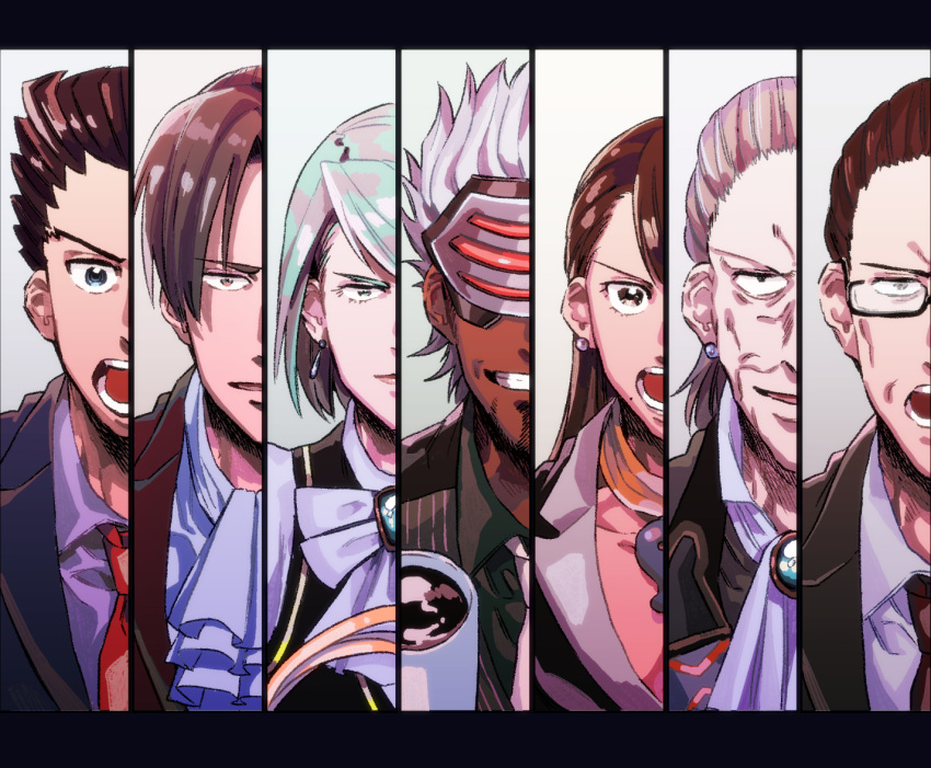 ace_attorney, ascot, black_hair, brown_hair, cup, dark-skinned_male, dark_skin, emergency_exi10, facial_hair, franziska_von_karma, glasses, godot_(ace_attorney), gregory_edgeworth, grey_hair, grin, hair_slicked_back, light_blue_hair, manfred_von_karma, mask, mia_fey, miles_edgeworth, open_mouth, panels, phoenix_wright, ribbon, smile, white_hair