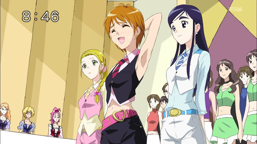 armpits, belt, blonde_hair, blue_eyes, blue_hair, braid, brown_eyes, clock