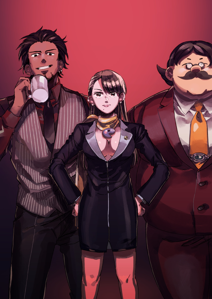 ace_attorney, black_hair, brown_eyes, brown_hair, cup, diego_armando, emergency_exi10, facial_hair, glasses, grin, hair_slicked_back, hands_on_hips, holding, holding_cup, marvin_grossberg, mia_fey, mustache, necktie, red_background, smile, vest