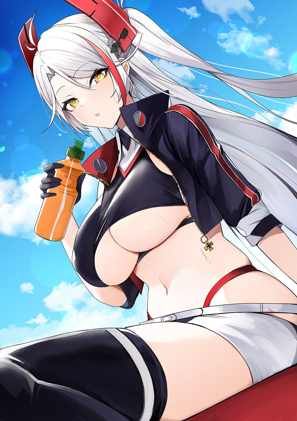 1girl, antenna_hair, azur_lane, black_jacket, black_legwear, black_shirt, bottle, breasts