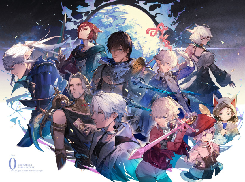 4girls, 6+boys, adventurer_(ff14), alisaie_leveilleur, alphinaud_leveilleur, animal_ears, animal_hood, armor