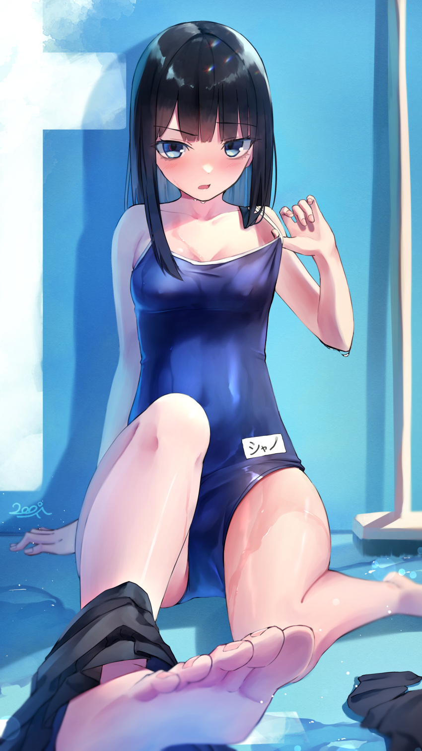 1girl, absurdres, against_wall, bangs, barefoot, black_hair, black_skirt, blue_eyes, blue_swimsuit, blunt_bangs, blush, breasts, broom, clothes_pull, clothes_removed, collarbone, competition_school_swimsuit, covered_navel, covered_nipples, dripping, empty_pool, eyebrows_visible_through_hair, feet, hand_up, highres, knee_up, lens_flare, looking_at_viewer, name_tag, on_floor, one-piece_swimsuit, open_mouth, original, pleated_skirt, pool, raised_eyebrow, school_swimsuit, shun'ya_(daisharin36), sidelocks, sitting, skirt, skirt_around_ankles, skirt_around_one_leg, skirt_pull, small_breasts, soles, swimsuit, undressing, wet, wet_clothes, wet_swimsuit