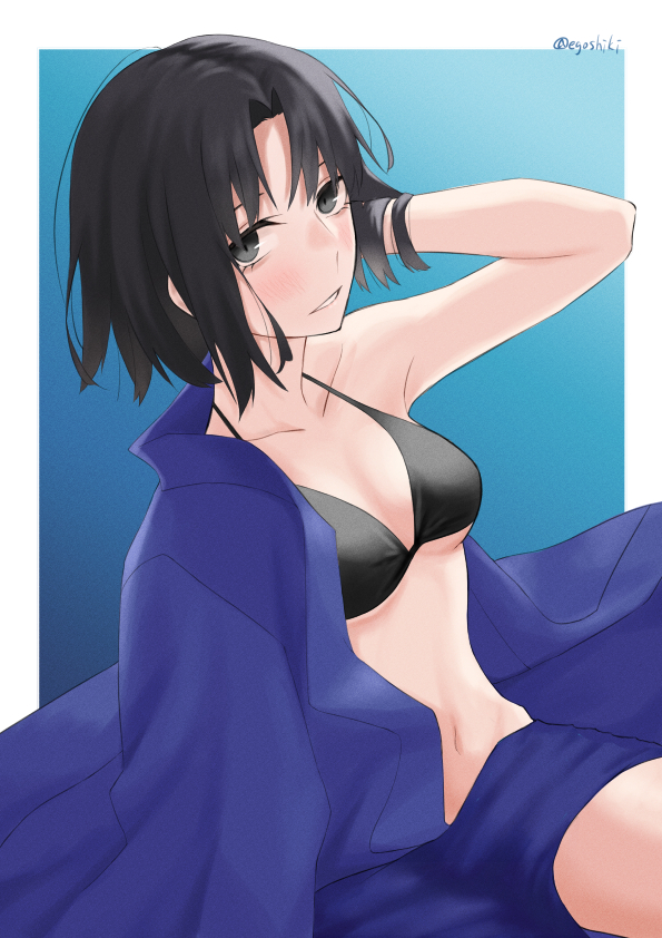 1girl, armpits, artist_name, bikini, black_bikini, black_eyes, black_hair, blue_background