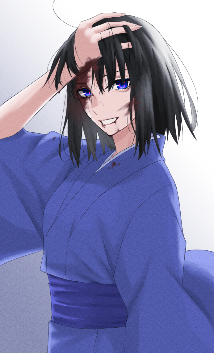 1girl, black_hair, blood, blood_from_mouth, blood_on_clothes, blood_on_face, blue_eyes, colored_eyelashes
