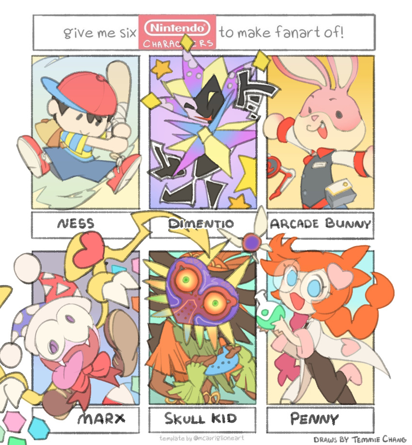 arcade_bunny, backpack, bag, baseball_bat, baseball_cap, character_name, company_connection, dimentio, fangs, glasses, hat, highres, instrument, jester, jester_cap, kirby_(series), kirby_super_star, labcoat, majora_(entity), marx_(kirby), mask, mother_(game), mother_2, ness_(mother_2), nintendo, nintendo_badge_arcade, no_arms, ocarina, open_mouth, orange_hair, paper_mario, penny_crygor, shirt, shorts, skull_kid, striped, striped_shirt, super_mario_bros., super_paper_mario, temmie_chang, the_legend_of_zelda, the_legend_of_zelda:_majora's_mask, tongue, tongue_out, violet_eyes, warioware, wings
