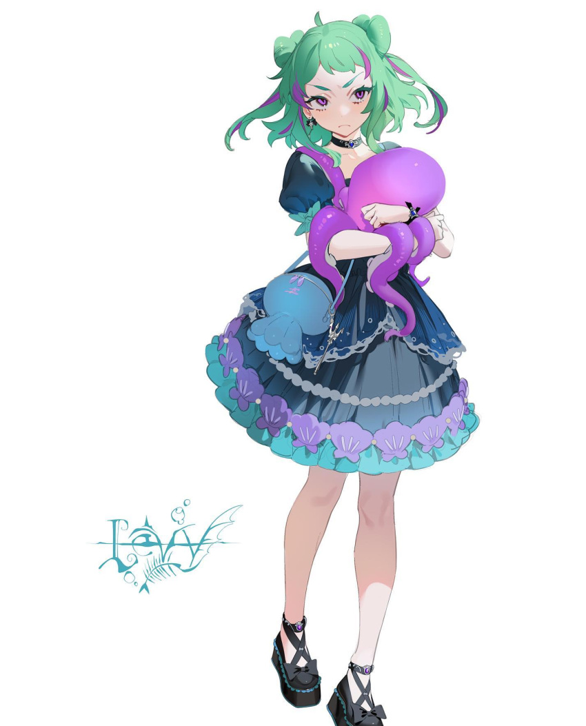 >:(, 1girl, ankle_boots, bad_id, bag, bangs, blush, boots, bow, choker, cross, cross_earrings, double_bun, dress, earrings, eyebrows_visible_through_hair, frilled_dress, frills, fukami_levy, green_hair, handbag, high_heels, highres, holding, jewelry, knees, looking_at_viewer, multicolored_hair, nose_blush, octopus, ohisashiburi, original, pale_skin, pearl_(gemstone), polearm, pout, project_luminasys, puffy_sleeves, purple_hair, ribbon, shell, short_hair, short_sleeves, solo, streaked_hair, trident, v-shaped_eyebrows, violet_eyes, weapon, wrist_ribbon