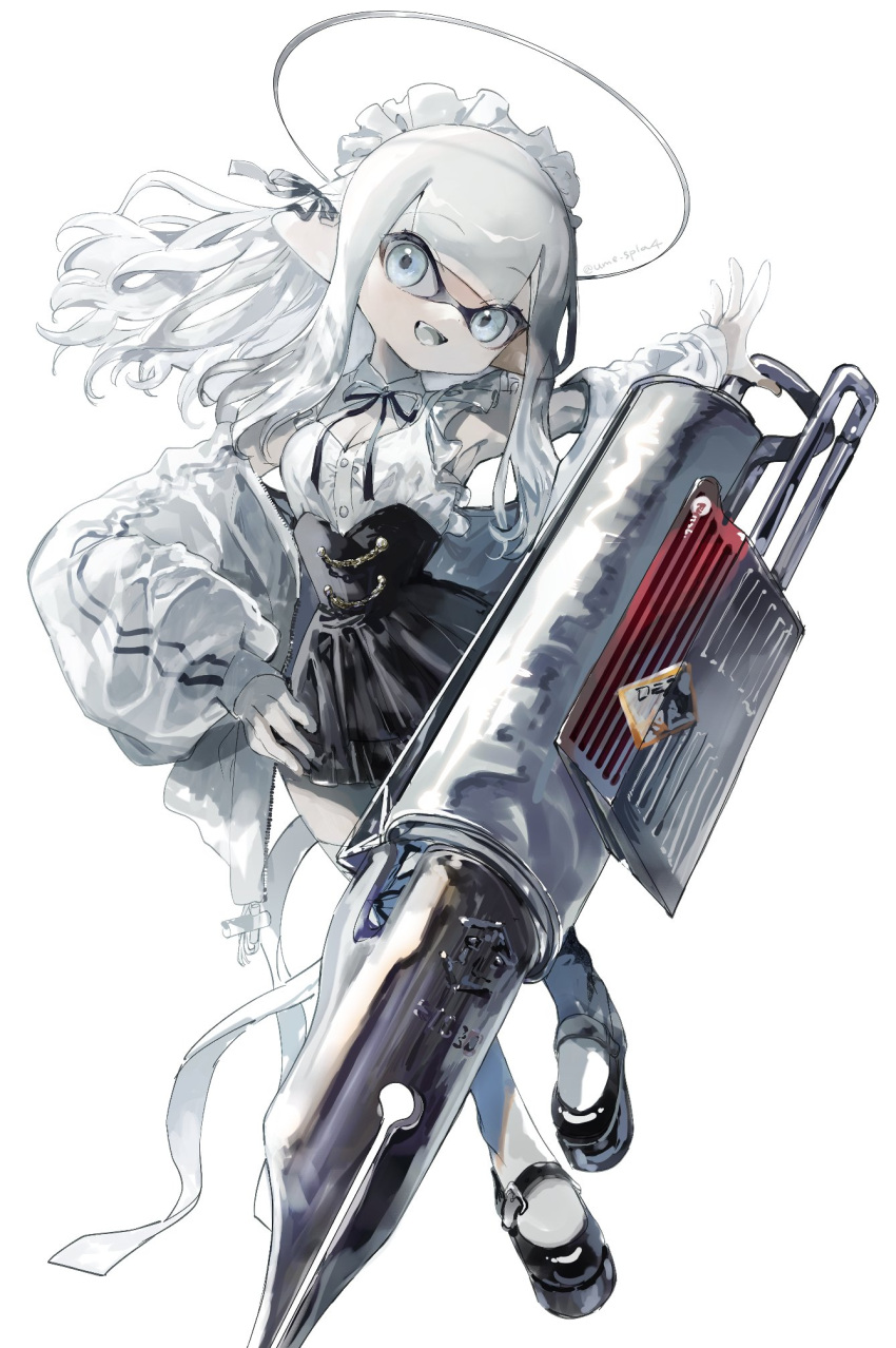 1girl, dress, fang, flingza_roller_(splatoon), halo, hand_on_hip, highres, inkling