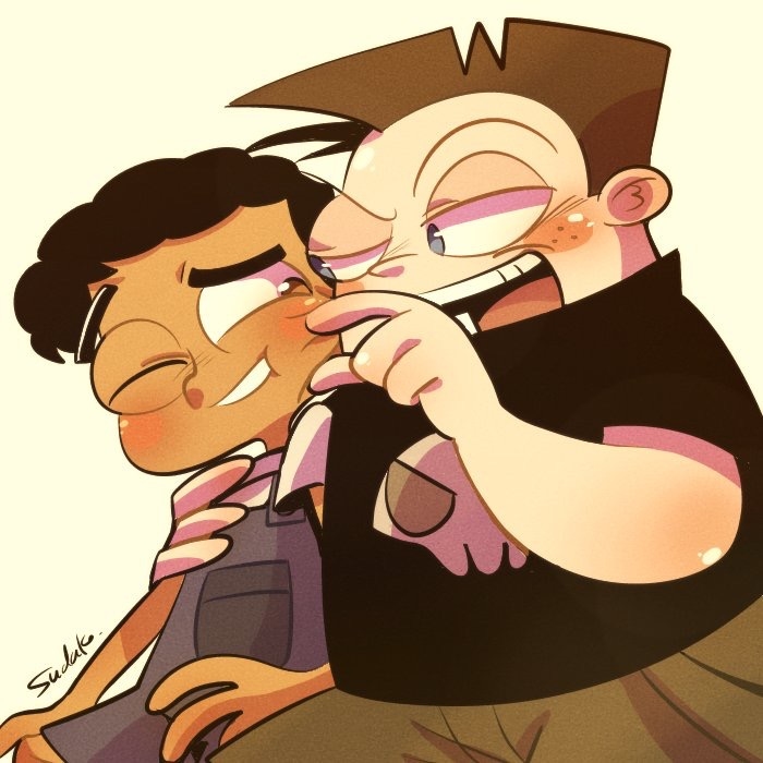 baljeet_tjinder, black_hair, black_shirt, brown_hair, brown_shorts, buford_van_stomm, one_eye_closed, phineas_and_ferb, shirt, shorts, simple_background, sudako_(tkb315)