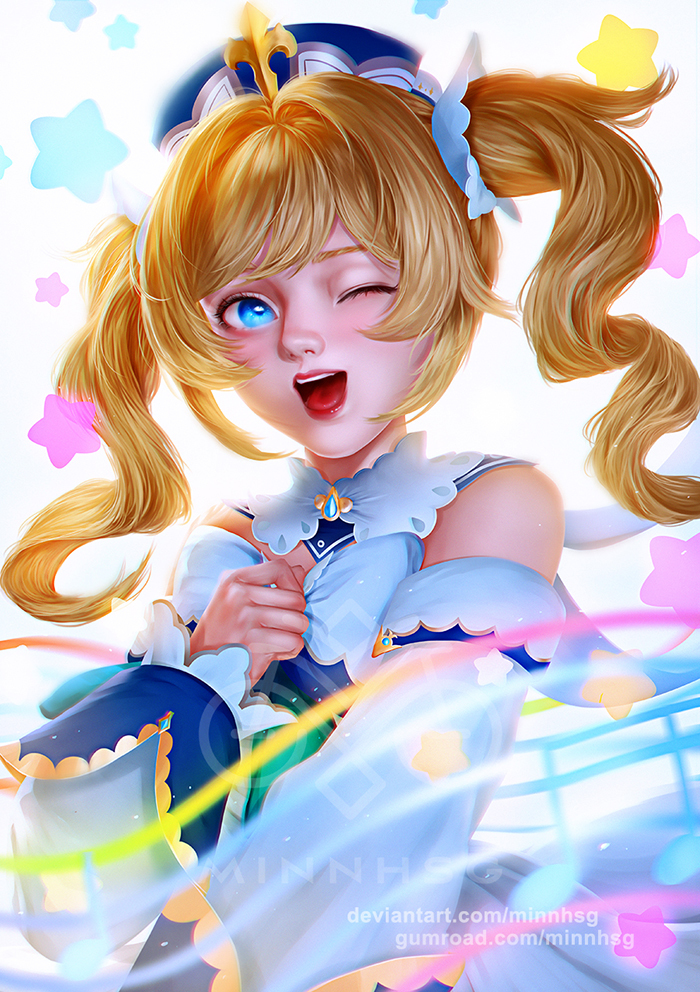 1girl, barbara_(genshin_impact), blonde_hair, blue_eyes, detached_sleeves, genshin_impact, minnhsg, pixiv