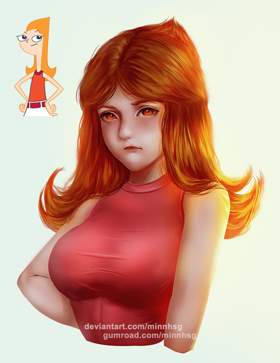 1girl, candace_gertrude_flynn, medium_hair, minnhsg, orange_hair, phineas_and_ferb, red_shirt, shirt
