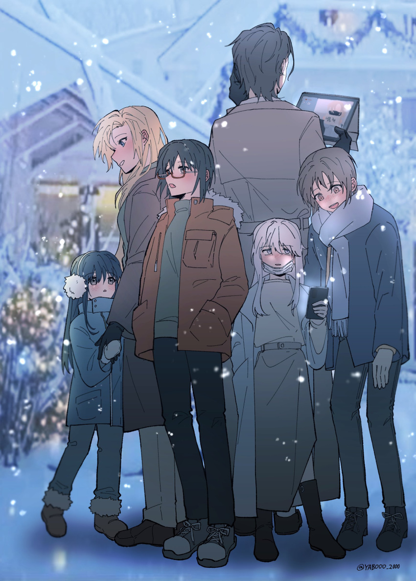 1boy, 5girls, absurdres, black_hair, blonde_hair, brown_hair, clothes, earmuffs