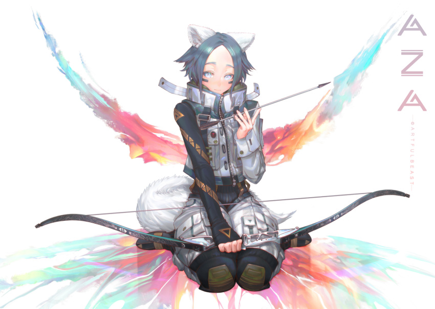 1girl, androgynous, animal_ears, arm_wrap, arrow_(projectile), bandaid, bandaid_on_face, black_footwear