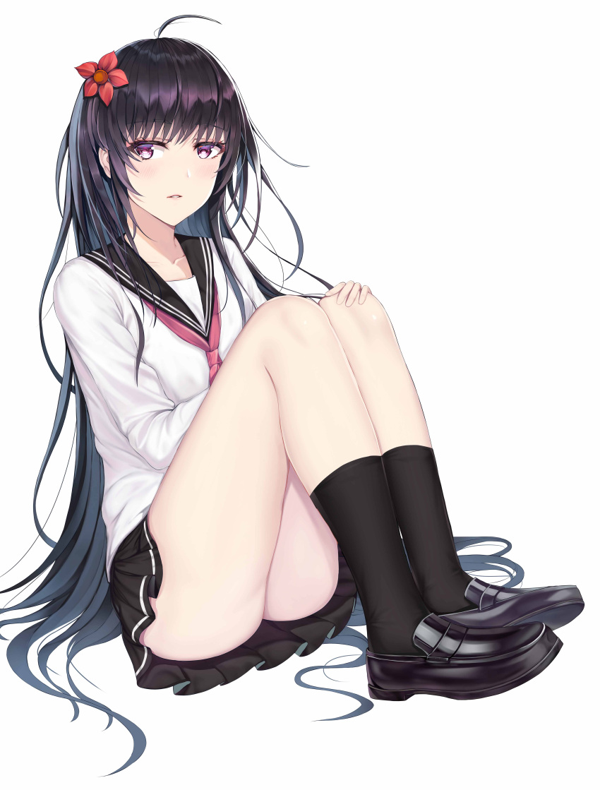 1girl, absurdres, ahoge, bangs, bare_legs, black_footwear, black_hair, black_legwear
