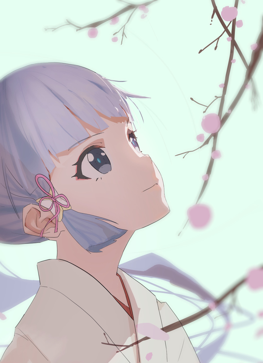 1girl, absurdres, bangs, blue_background, blue_eyes, blunt_bangs, closed_mouth, floating_hair, genshin_impact, hair_ribbon, highres, japanese_clothes, kamisato_ayaka, kimono, long_hair, looking_up, lurenkt, petals, pink_ribbon, ponytail, portrait, ribbon, silver_hair, smile, solo, white_kimono