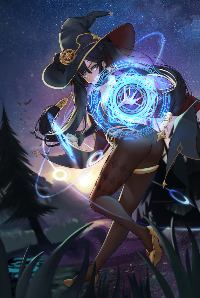 $hu, 1girl, absurdres, bangs, black_hair, black_headwear, black_legwear, black_leotard, black_sleeves, blue_eyes, blurry, blurry_background, blush, detached_sleeves, floating_hair, genshin_impact, hair_between_eyes, hat, high_heels, highres, leotard, long_hair, long_sleeves, looking_at_viewer, magic_circle, mona_(genshin_impact), night, night_sky, pantyhose, sky, solo, star_(sky), starry_sky, thighlet, twintails, very_long_hair, witch_hat