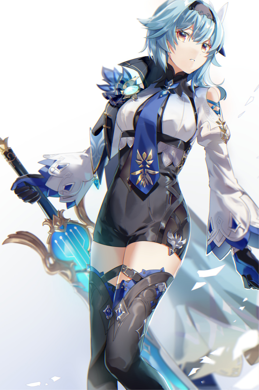 1girl, bangs, black_gloves, black_hairband, black_legwear, black_shorts, blue_gloves, blue_hair