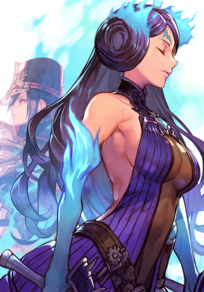 2girls, armpit_peek, bare_shoulders, belt, blue_fire, blue_gloves, breasts, brighid_(xenoblade)