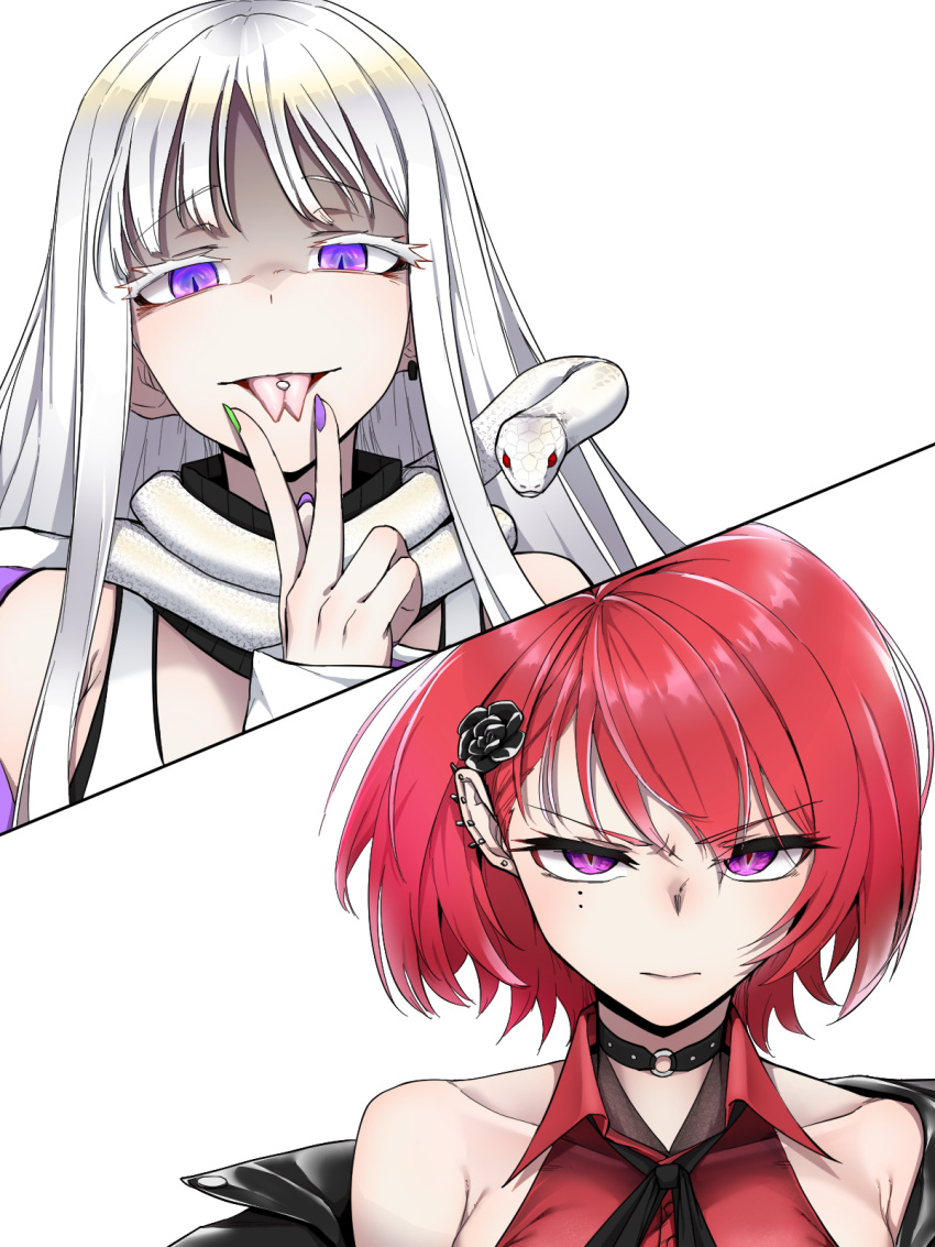 2girls, :p, bam.g, bangs, cheona_(last_origin), choker, colored_eyelashes, eyebrows_visible_through_hair