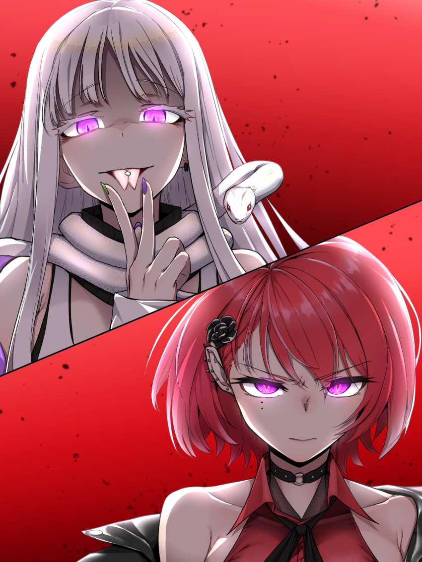 2girls, :p, bam.g, bangs, cheona_(last_origin), choker, colored_eyelashes, eyebrows_visible_through_hair