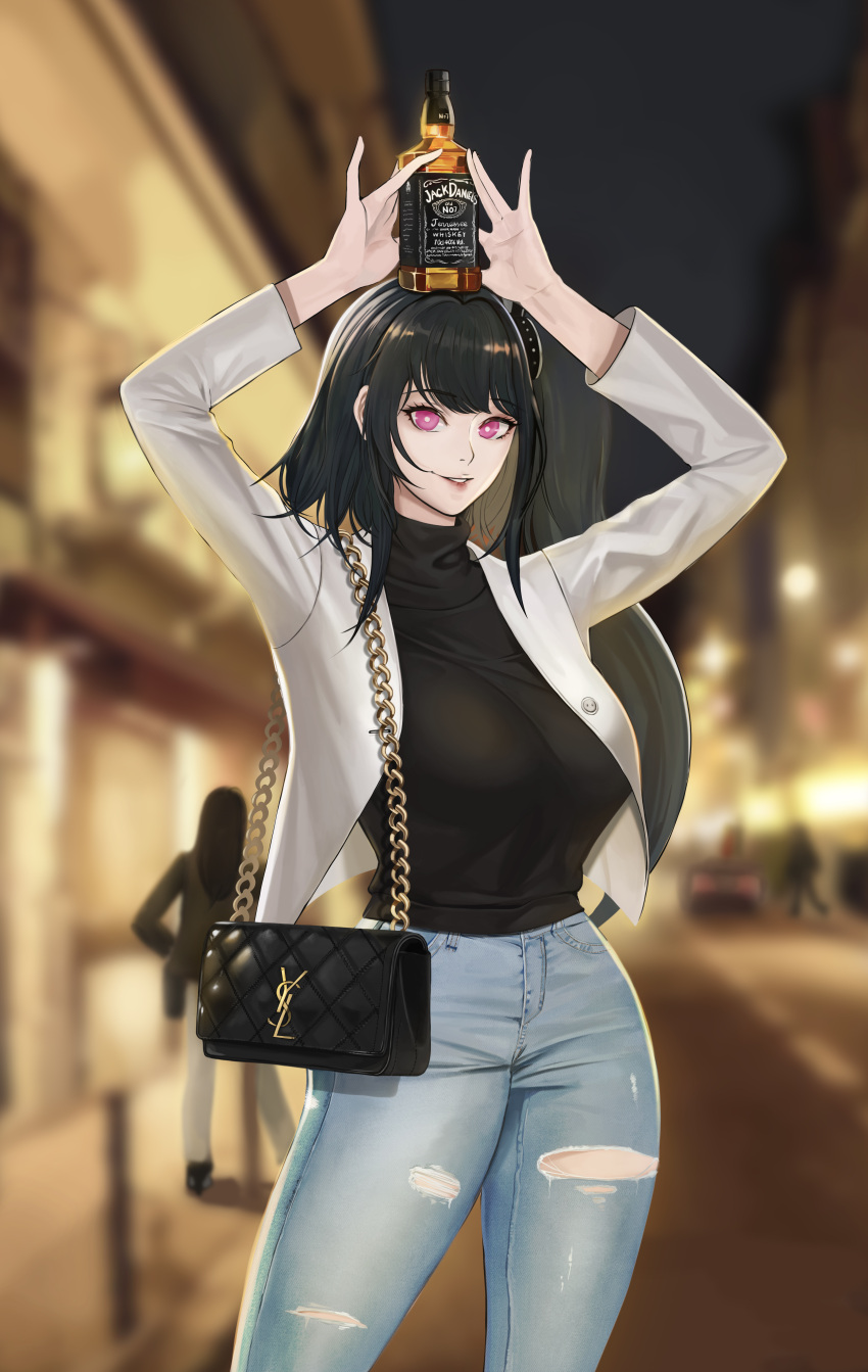 1girl, absurdres, alcohol, architect_(girls'_frontline), bag, bangs, biting, black_bag