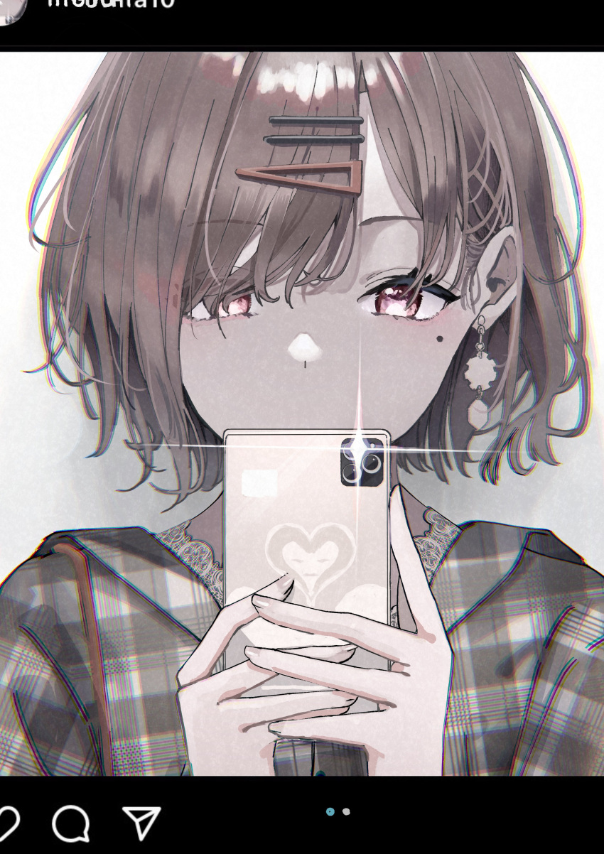 1girl, absurdres, amane_kashiko, cellphone, commentary, earrings, eyebrows_visible_through_hair, hair_ornament