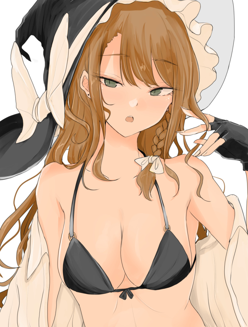 1girl, alternate_eye_color, armpit_peek, bangs, black_bra, black_gloves, blonde_hair, bow, bra, braid, collarbone, fingerless_gloves, gloves, green_eyes, hair_bow, hat, hat_bow, highres, kirisame_marisa, large_forehead, long_hair, necro_(nekurodayo), open_clothes, open_shirt, side_braid, simple_background, single_braid, solo, touhou, underwear, undressing, white_background, white_bow, witch_hat