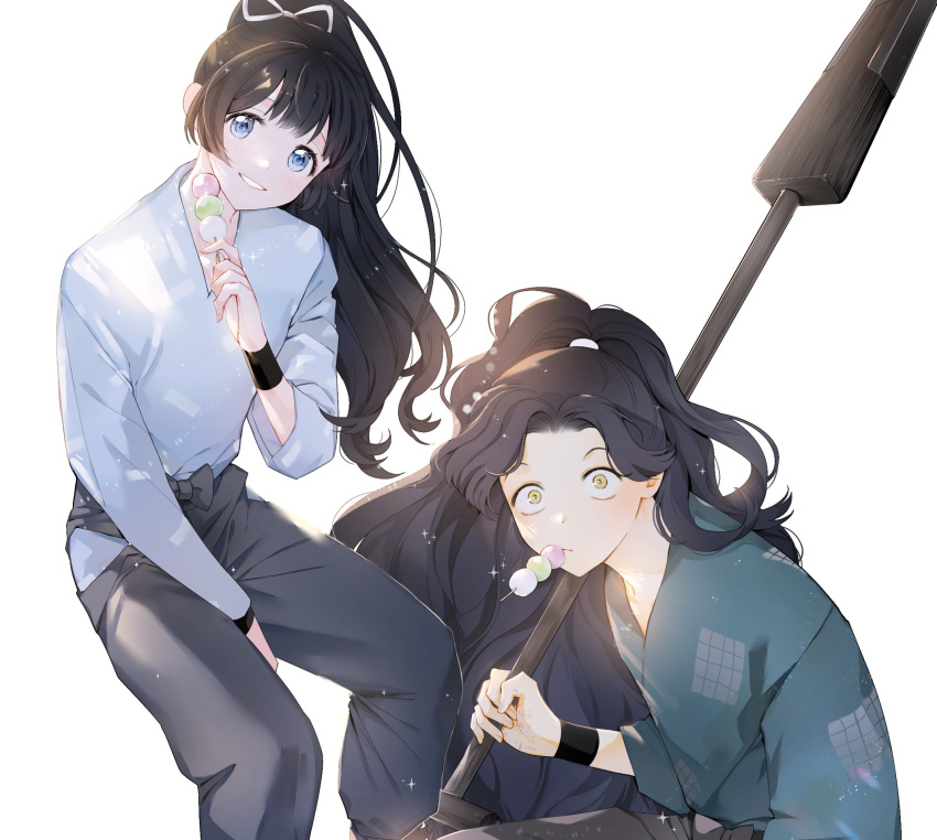 2boys, ayabe_kihachirou, bangs, black_hair, blue_eyes, character_request, dango, feet_out_of_frame