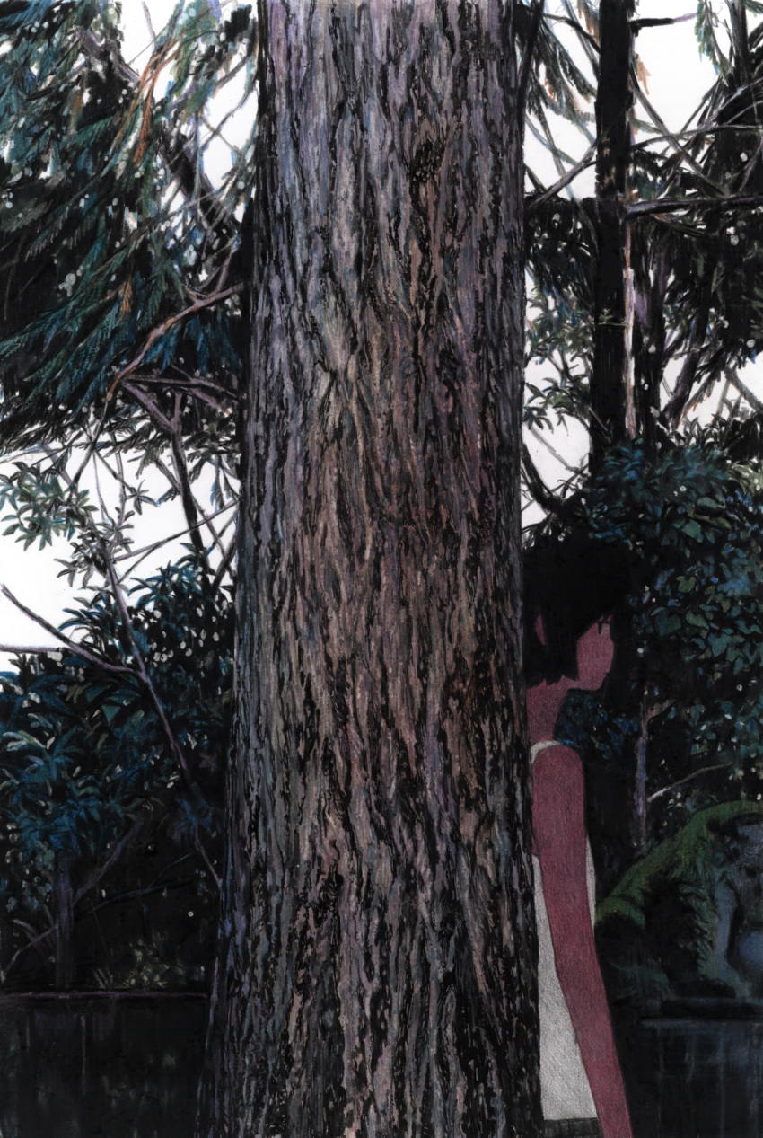 1girl, :|, against_tree, backlighting, bangs, bare_arms, bare_shoulders, black_eyes