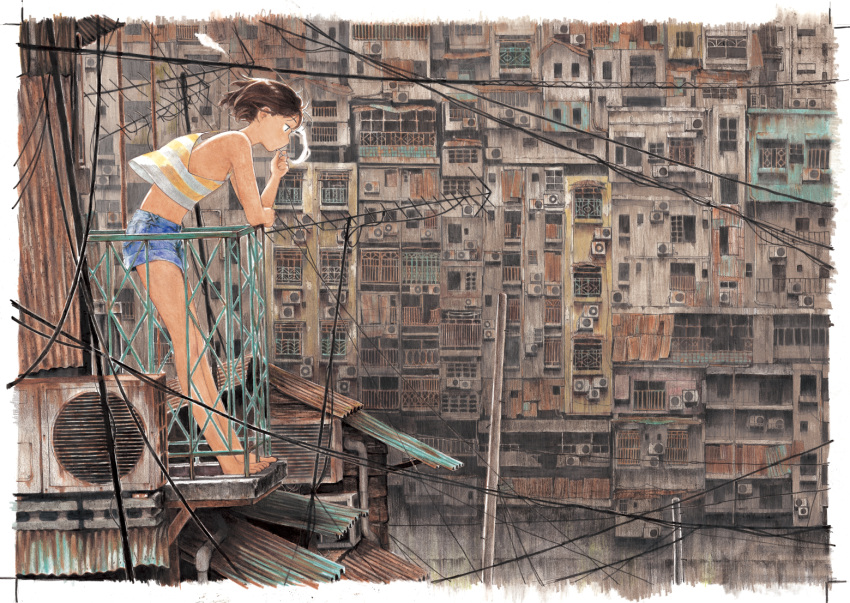 1girl, air_conditioner, arm_rest, backlighting, balcony, bangs, bare_arms, bare_legs