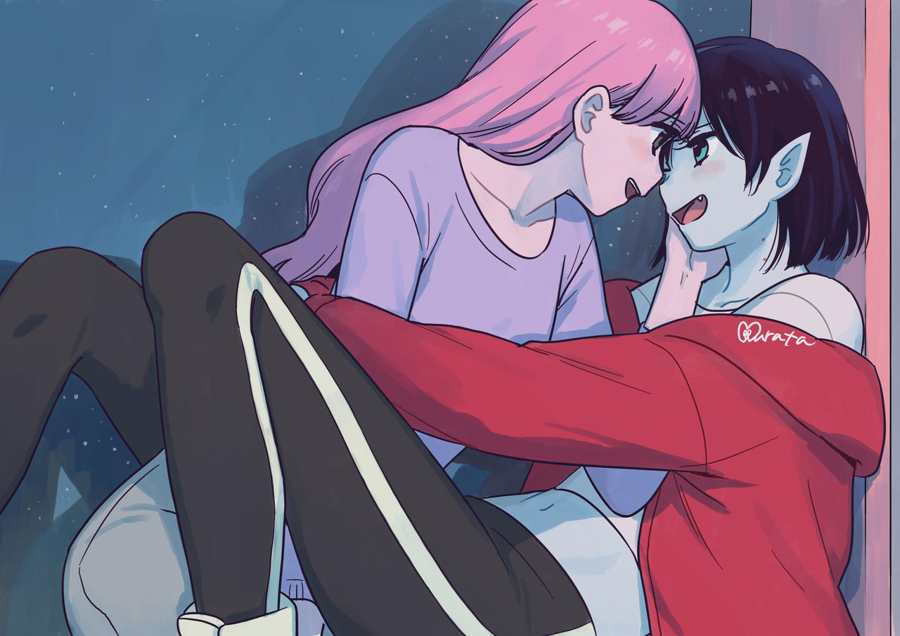 2girls, adventure_time, aqua_eyes, black_hair, black_pants, colored_skin, couple, interspecies