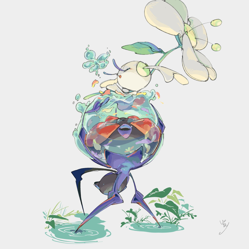 closed_eyes, dewpider, eyelashes, flabebe, flabebe_(white), flower, highres, ichinori_(ka_n_zo), leaf, no_humans, open_mouth, petals, pokemon, pokemon_(creature), ripples, water, white_flower