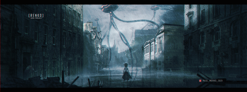 1girl, absurdres, alien, black_skirt, chromatic_aberration, city, fedora, from_behind