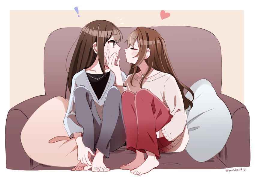 !, 2girls, blush, brown_hair, closed_eyes, commentary_request, couch, eyebrows_visible_through_hair, feet, green_eyes, heart, highres, idolmaster, idolmaster_cinderella_girls, knees_to_chest, light_smile, multiple_girls, on_couch, pillow, shibuya_rin, shimamura_uzuki, sitting, toes, twitter_username, yuka_(mikuxluka), yuri