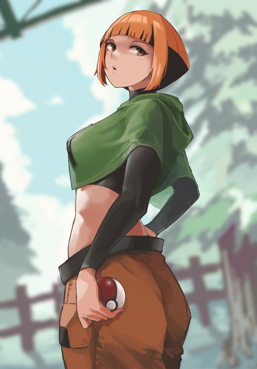 1girl, absurdres, bangs, belt, black_belt, black_hair, blunt_bangs, breasts, brown_shorts, clouds, commentary, day, fence, from_side, gardenia_(pokemon), highres, holding, holding_poke_ball, multicolored_hair, orange_eyes, orange_hair, otsubo_kiko, outdoors, poke_ball, poke_ball_(basic), pokemon, pokemon_(game), pokemon_dppt, poncho, short_hair, shorts, sky, solo, tree, two-tone_hair