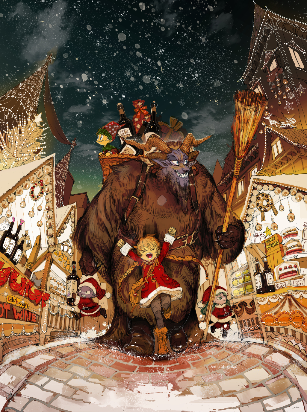 1girl, 6+others, :d, basket, belt, black_legwear, blue_eyes, boots, bottle, box, brick_road, broom, brown_hair, cake, christmas, christmas_lights, christmas_ornaments, christmas_tree, closed_eyes, closed_mouth, coat, demizu_posuka, elf, english_text, food, gift, gift_box, grin, hat, highres, holding, holding_bottle, holding_broom, horns, krampus, long_hair, market_stall, merry_christmas, multiple_others, night, open_mouth, original, outdoors, pointy_ears, santa_costume, santa_hat, scenery, sharp_teeth, smile, snowflakes, snowing, star_(symbol), teeth, twintails, winter, winter_clothes, winter_coat