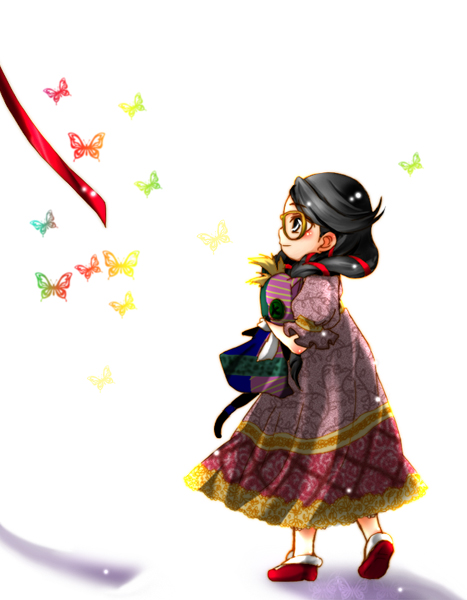 1girl, bayonetta, bayonetta_(character), black_hair, blush, braid, butterfly, cereza, child, dress, glasses, hair_ribbon, halogen_heater, holding, long_hair, lowres, nintendo, plush, ribbon, sega, shadow, shoes, simple_background, super_smash_bros., young